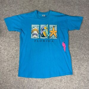 Vintage 1991 Signal Mega-Tee Florida T‎ Shirt Turquoise Blue Single Stitch Large